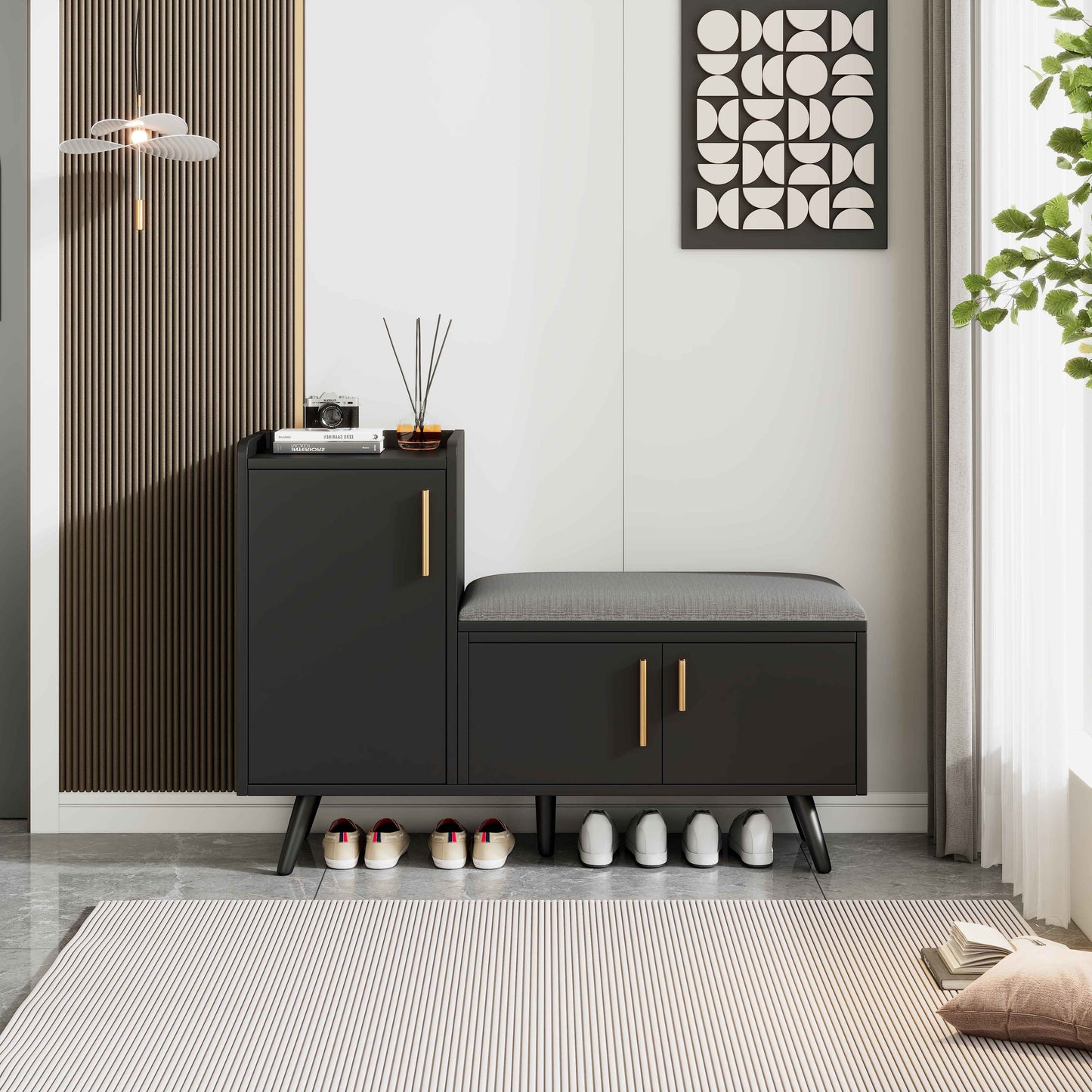 Modern Shoe Bench Storage Cabinet, Adjustable Storage Space For Boots Or Heels, Asymmetrical Metal Handles, Black, 100 X 34 X 69 Cm