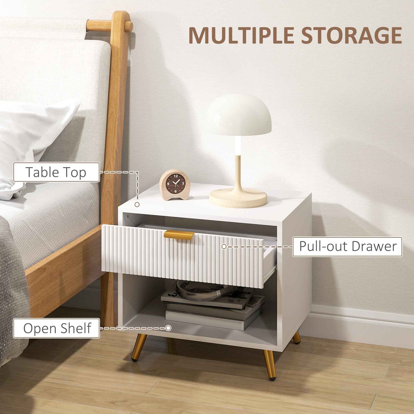 Elegant Bedside Table, With Drawer And Shelf - White/Gold Tone