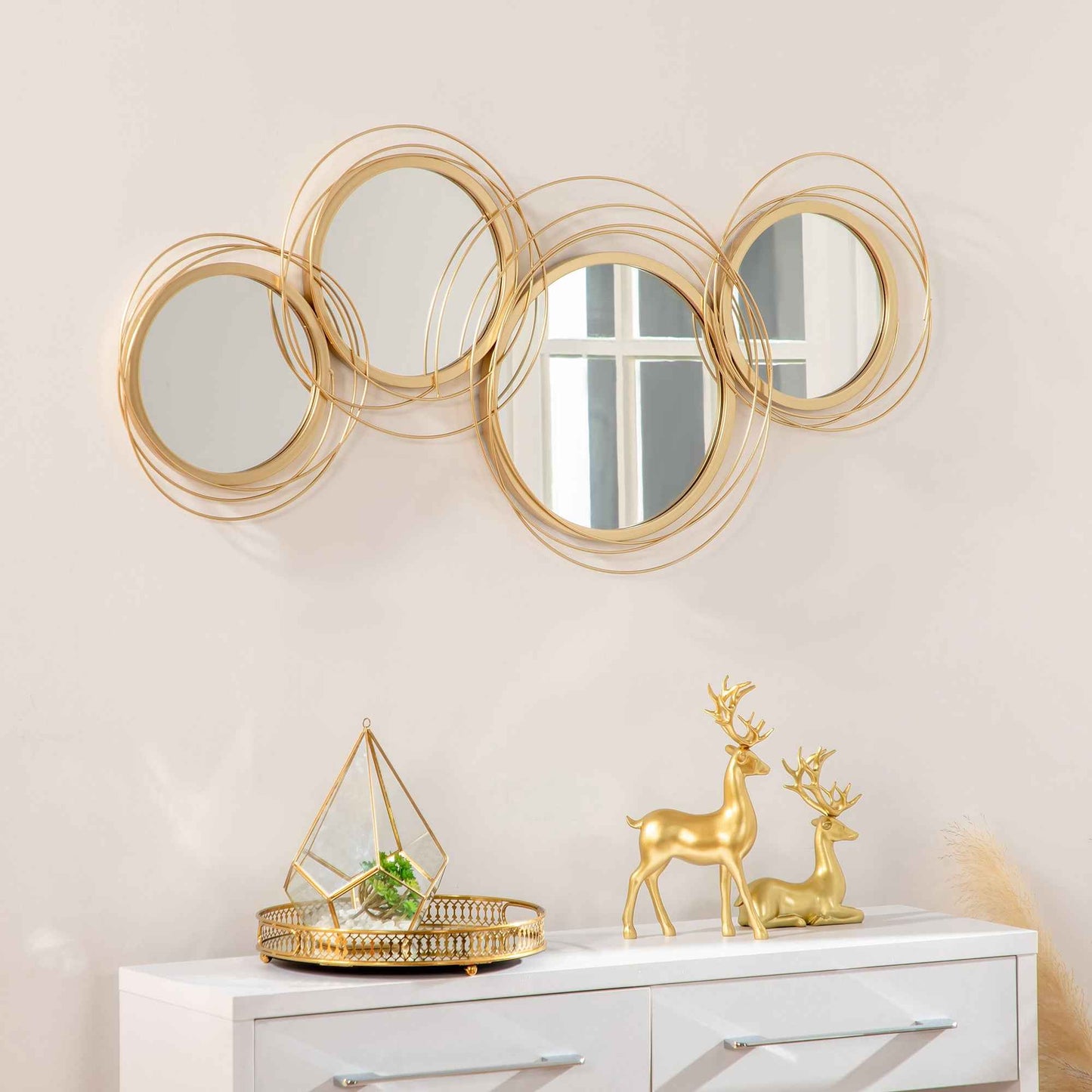 Metal Wall Mirrors, 107cm Modern Decorative Gold Mirror Decor Hanging, Home Wall Sculptures For Living Room Bedroom Dining Room