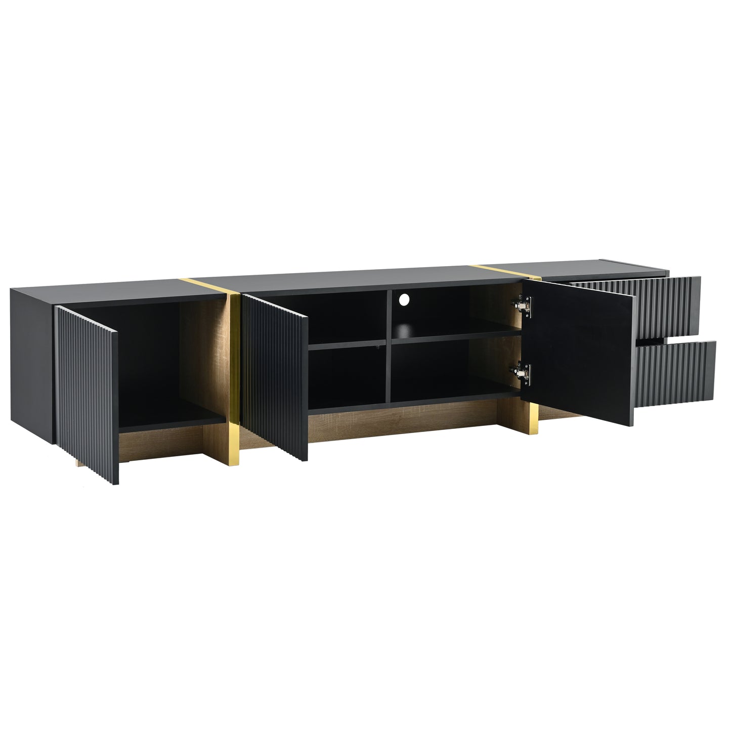 Modern Black Fluted TV Stand For 80 Inch Tv With Storage