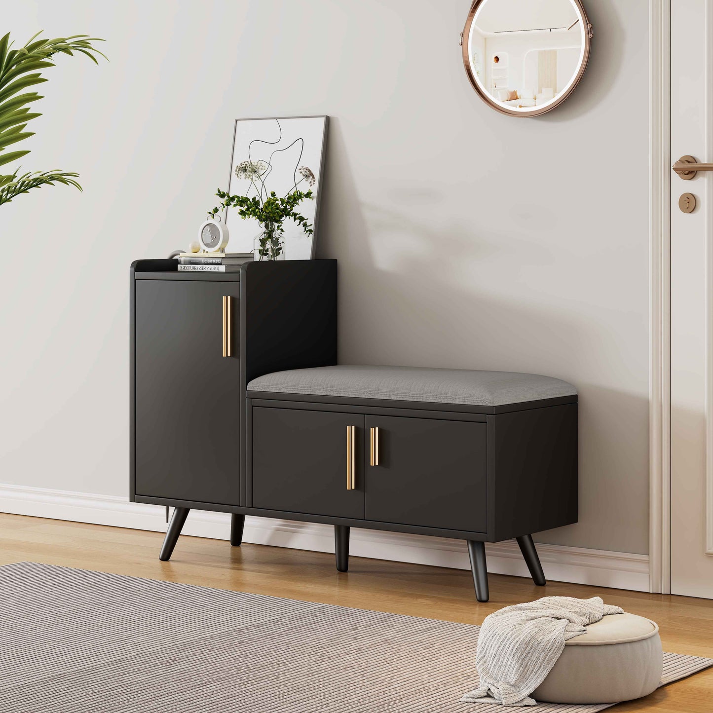 Modern Shoe Bench   Storage Cabinet, Adjustable Storage Space For Boots Or Heels, Asymmetrical Metal Handles, Black, 100 X 34 X 69 Cm