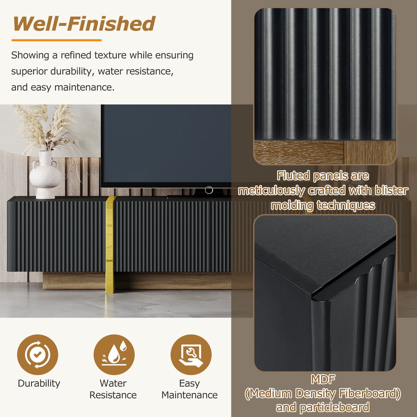 Modern Black Fluted TV Stand For 80 Inch Tv With Storage