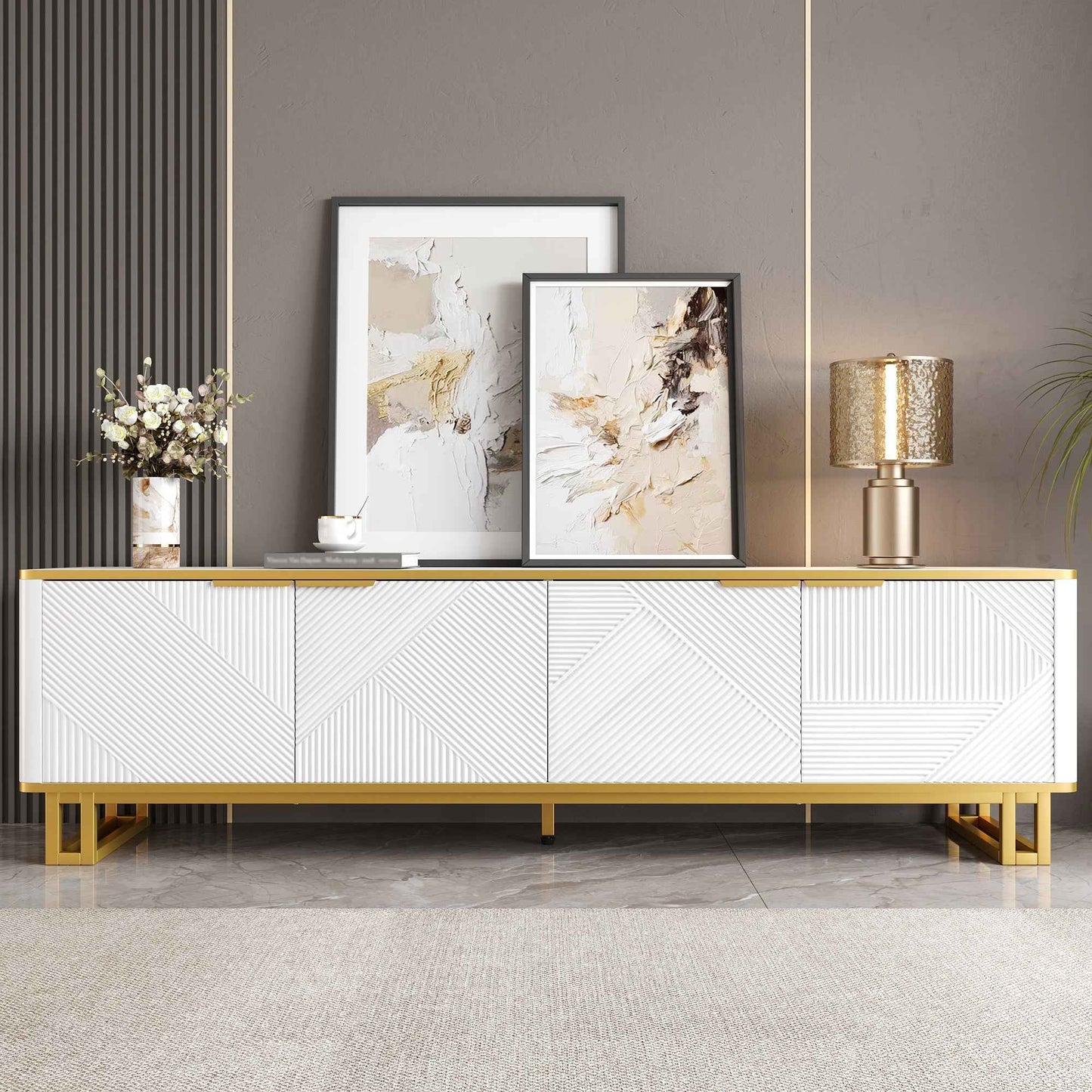Elegant White and Gold Geometric TV Cabinet for Stylish Living Spaces