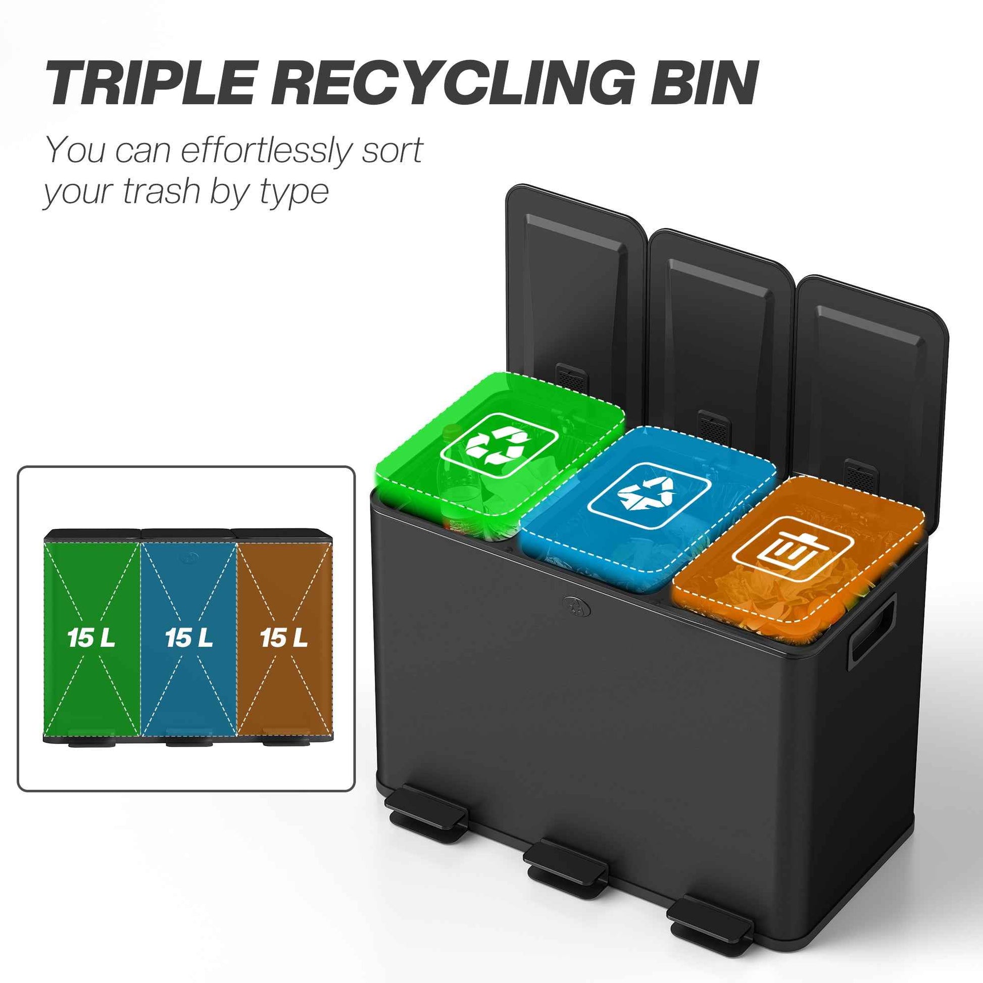 Sleek 3 x 15L Triple Kitchen Pedal Bin - Effortless Waste Management