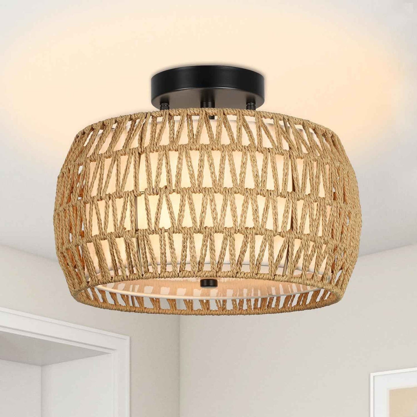 Boho Light Fixtures Ceiling Mount, Rattan Semi Flush Mount Ceiling Light, Farmhouse Light Fixtures with Fabric Shades