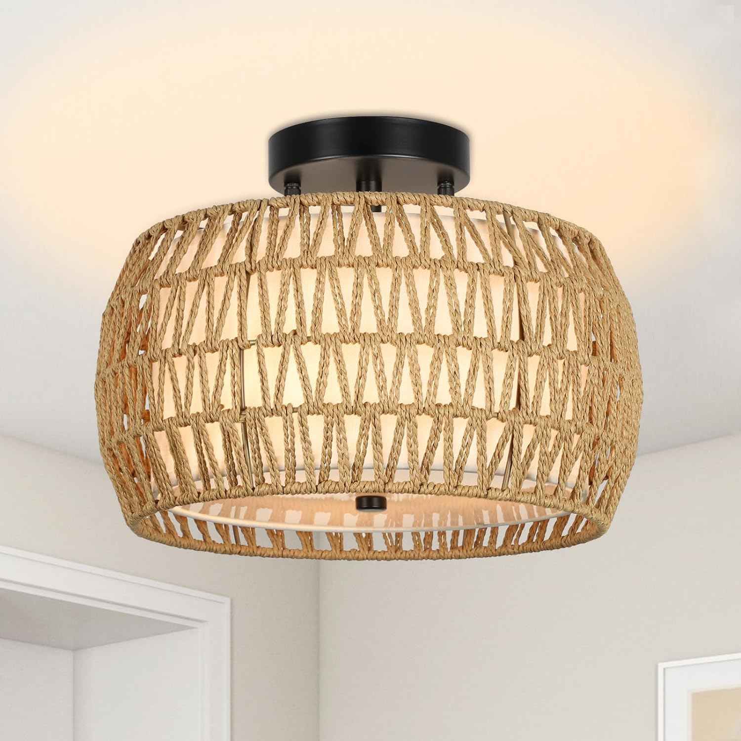 Boho Light Fixtures Ceiling Mount, Rattan Semi Flush Mount Ceiling Light, Farmhouse Light Fixtures with Fabric Shades