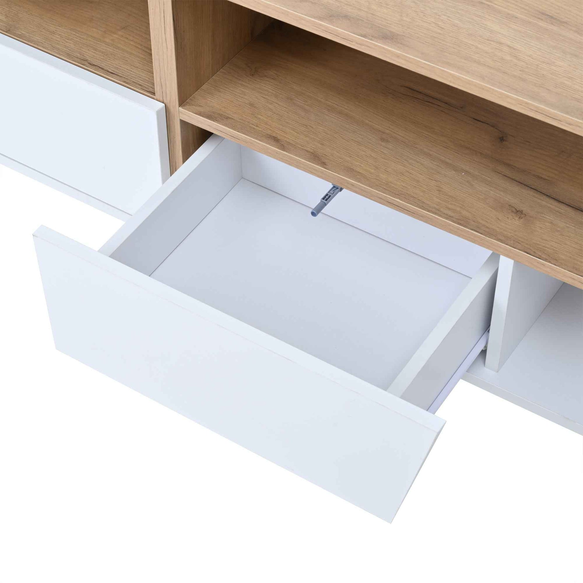 LED TV Stand For 65 Inch TV, Modern Wood Media Console With Storage Drawers, Cabinets And Cable Management, Low Profile Entertainment Center For Living Room Bedroom, White & Oak
