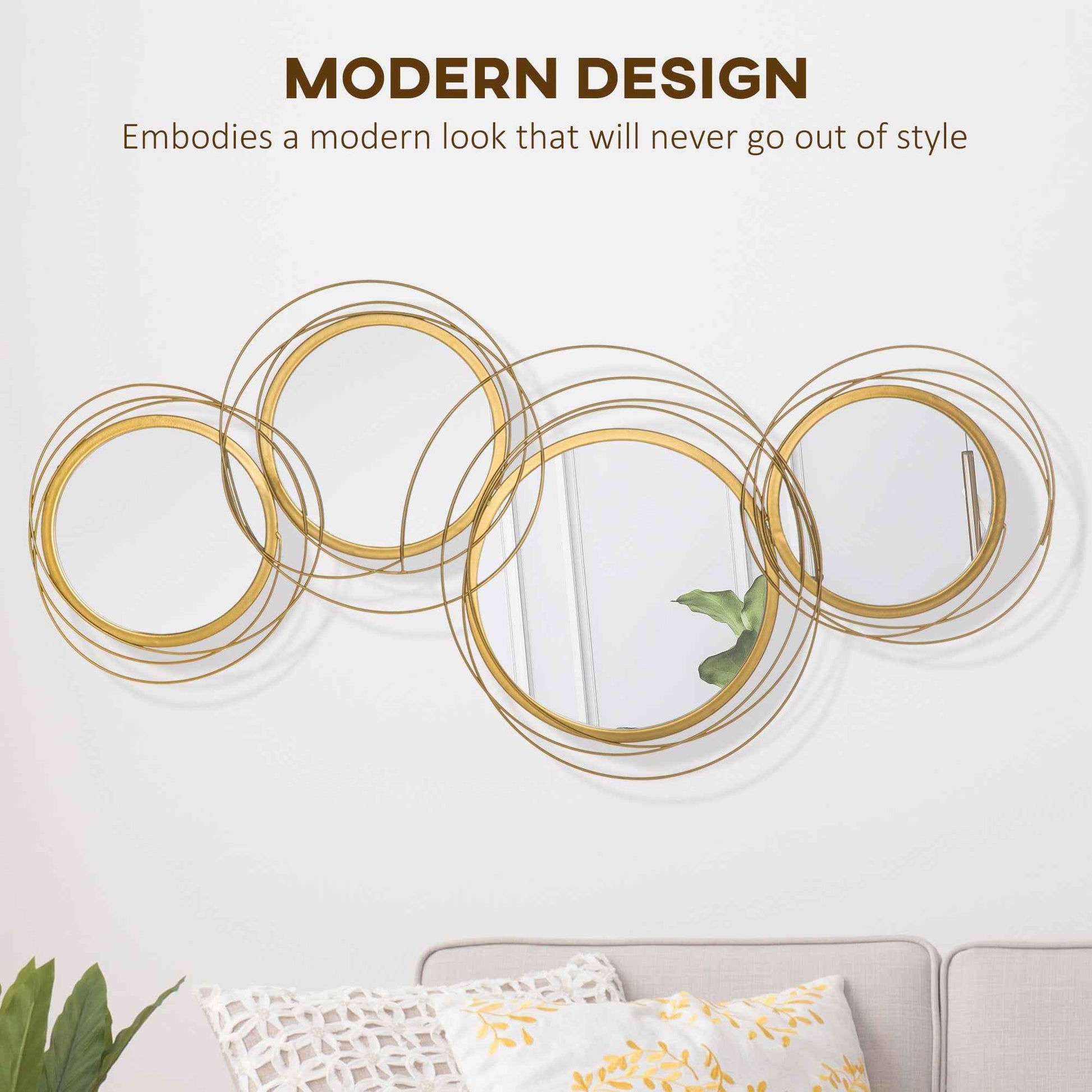 Metal Wall Mirrors, 107cm Modern Decorative Gold Mirror Decor Hanging, Home Wall Sculptures For Living Room Bedroom Dining Room