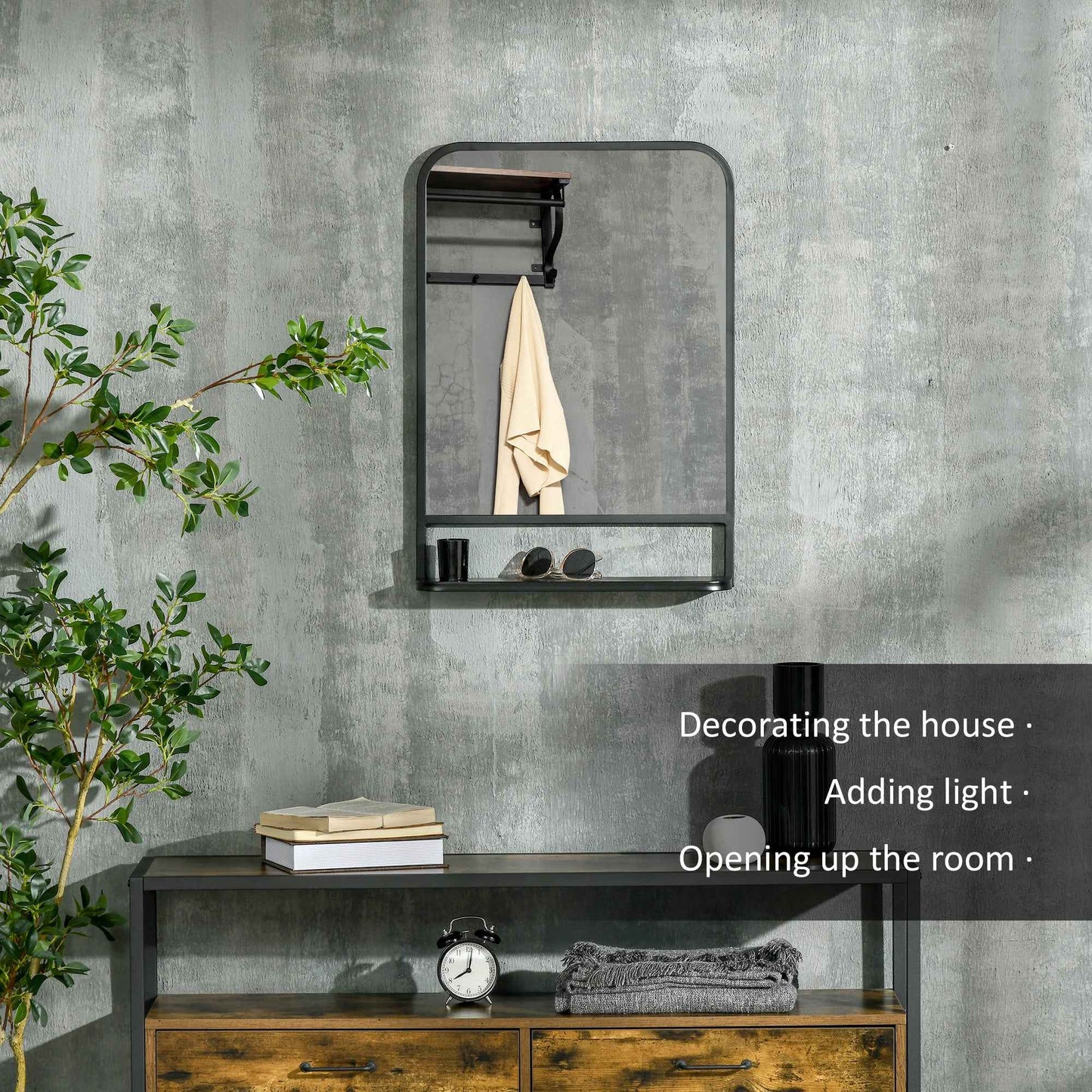 Modern Square Wall Mirror With Storage Shelf, 70 X 50 Cm Mirrors For Living Room, Bedroom, Black