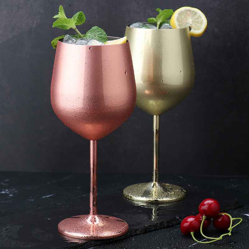 500ml Creative 304 Stainless Steel Single Layer High Footed Red Wine Glass Colorful Large Capacity Drum-Shaped Drop Resistant Copper-Plated Wine Glass