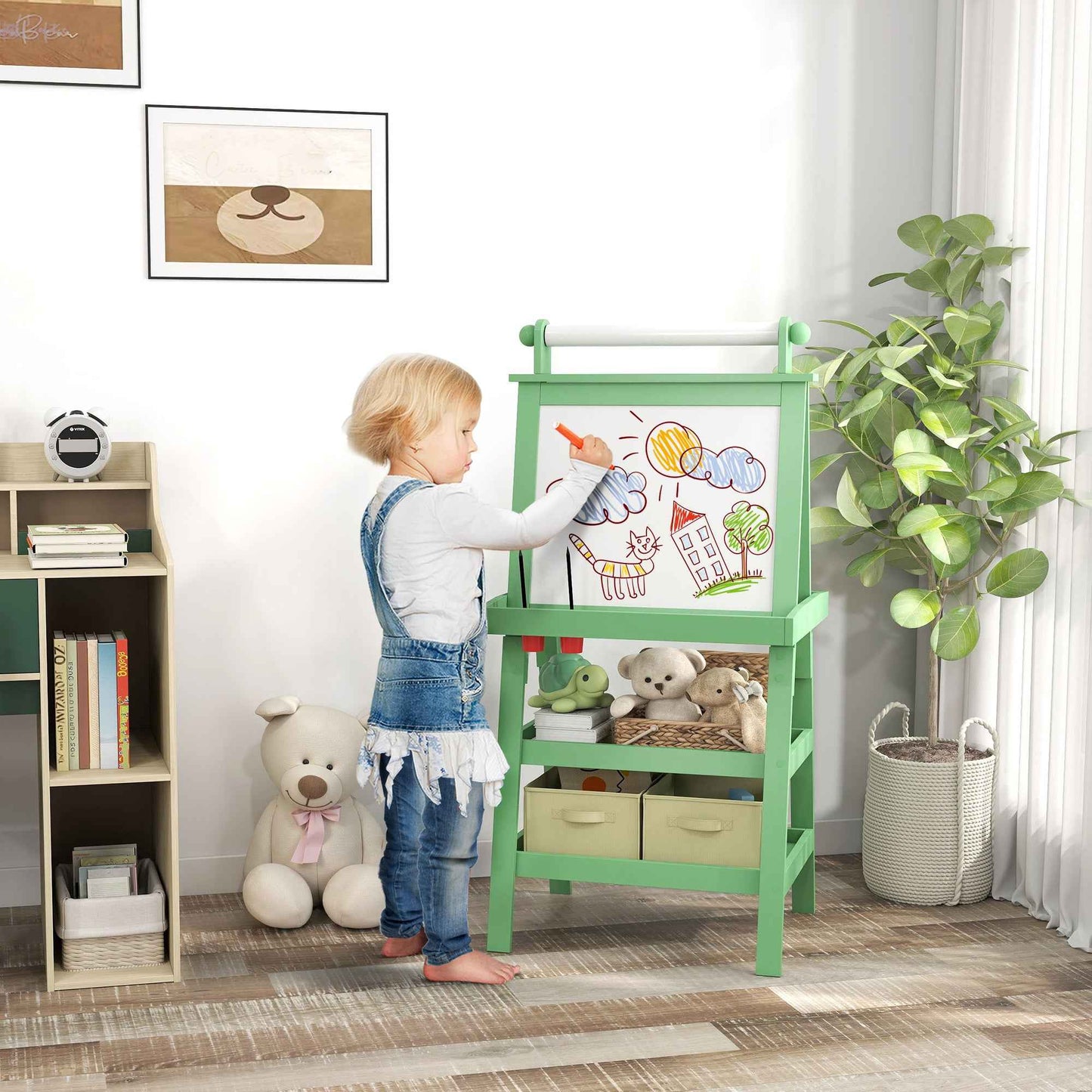 3 In 1 Kids Easel Double-Sided Magnetic Whiteboard And Chalkboard With Paper Roll, Storage Baskets - Green