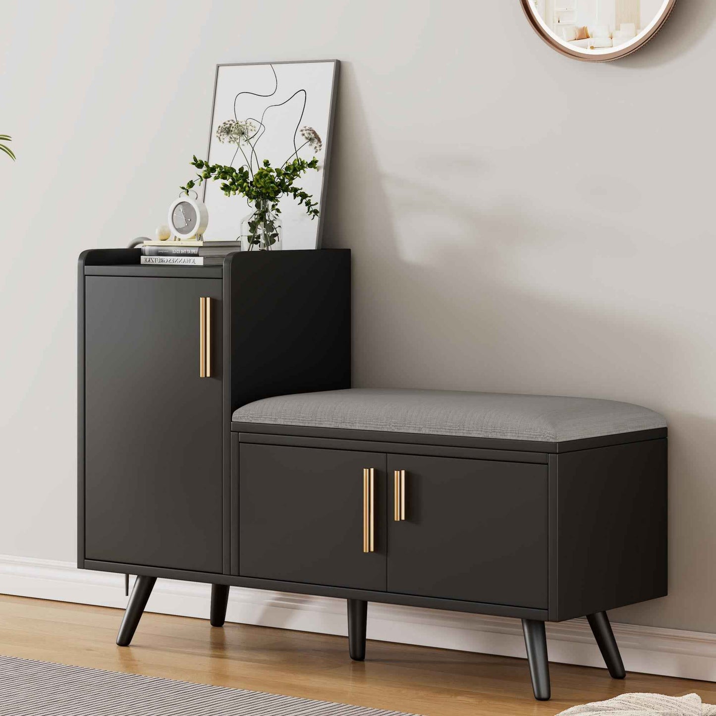 Modern Shoe Bench   Storage Cabinet, Adjustable Storage Space For Boots Or Heels, Asymmetrical Metal Handles, Black, 100 X 34 X 69 Cm