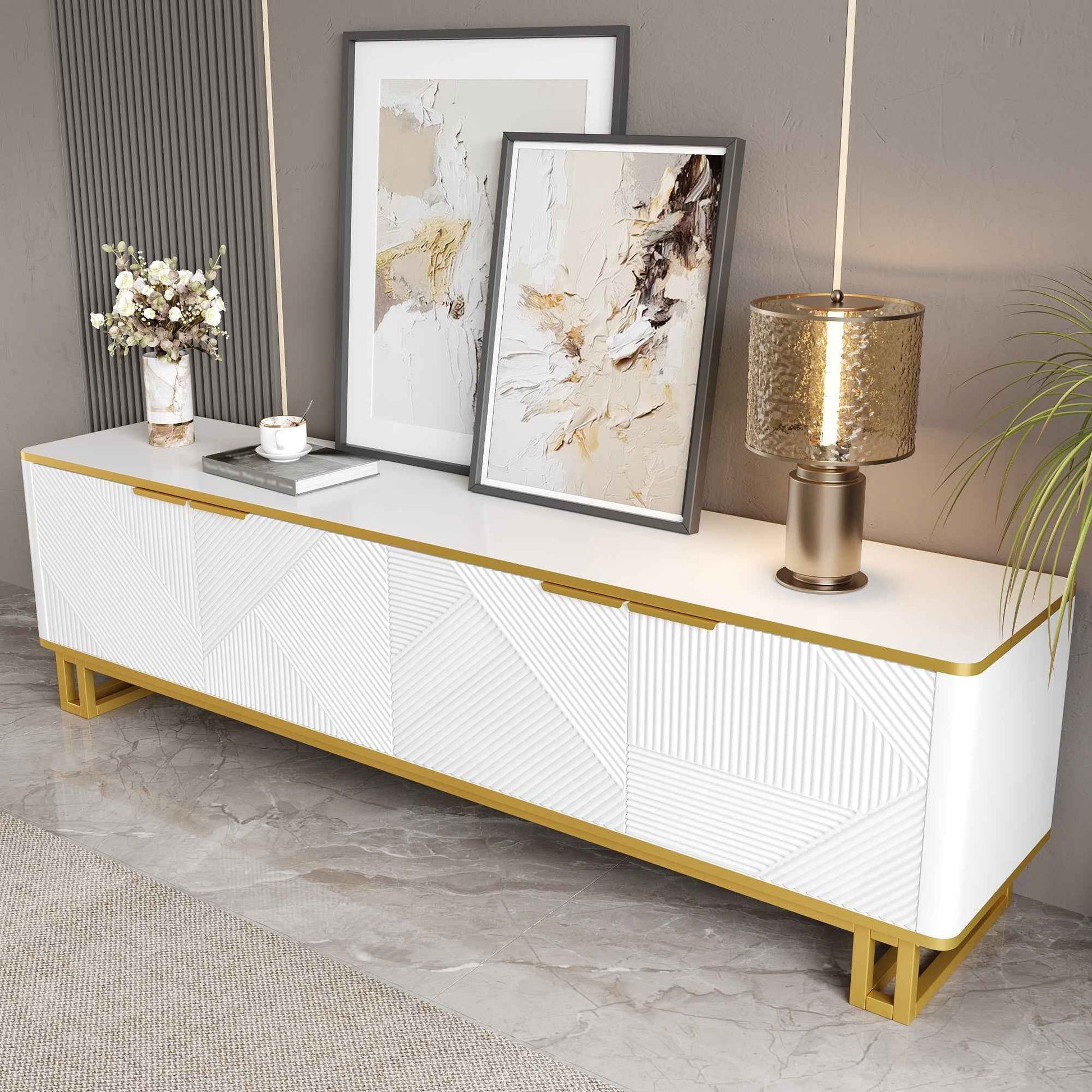 Elegant White and Gold Geometric TV Cabinet for Stylish Living Spaces