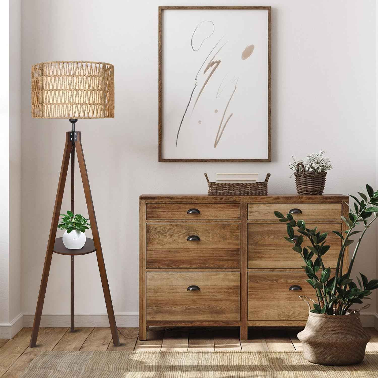 Boho Tripod Floor Lamp with Shelves, Mid Century Wood Standing Lamp with Rattan & Fabric Shades, ON/Off Foot Switch Office