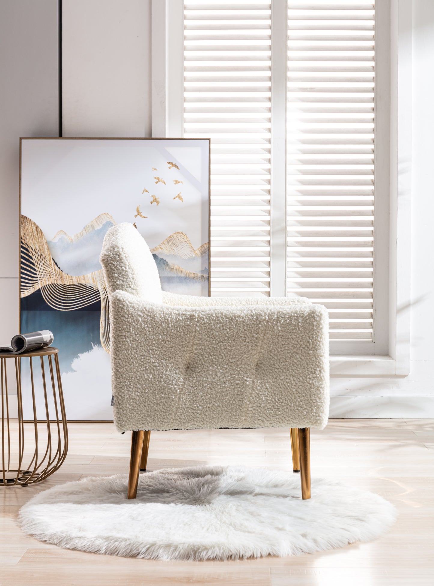 Coolmore Modern White Teddy Fabric Armchair With Gold Legs