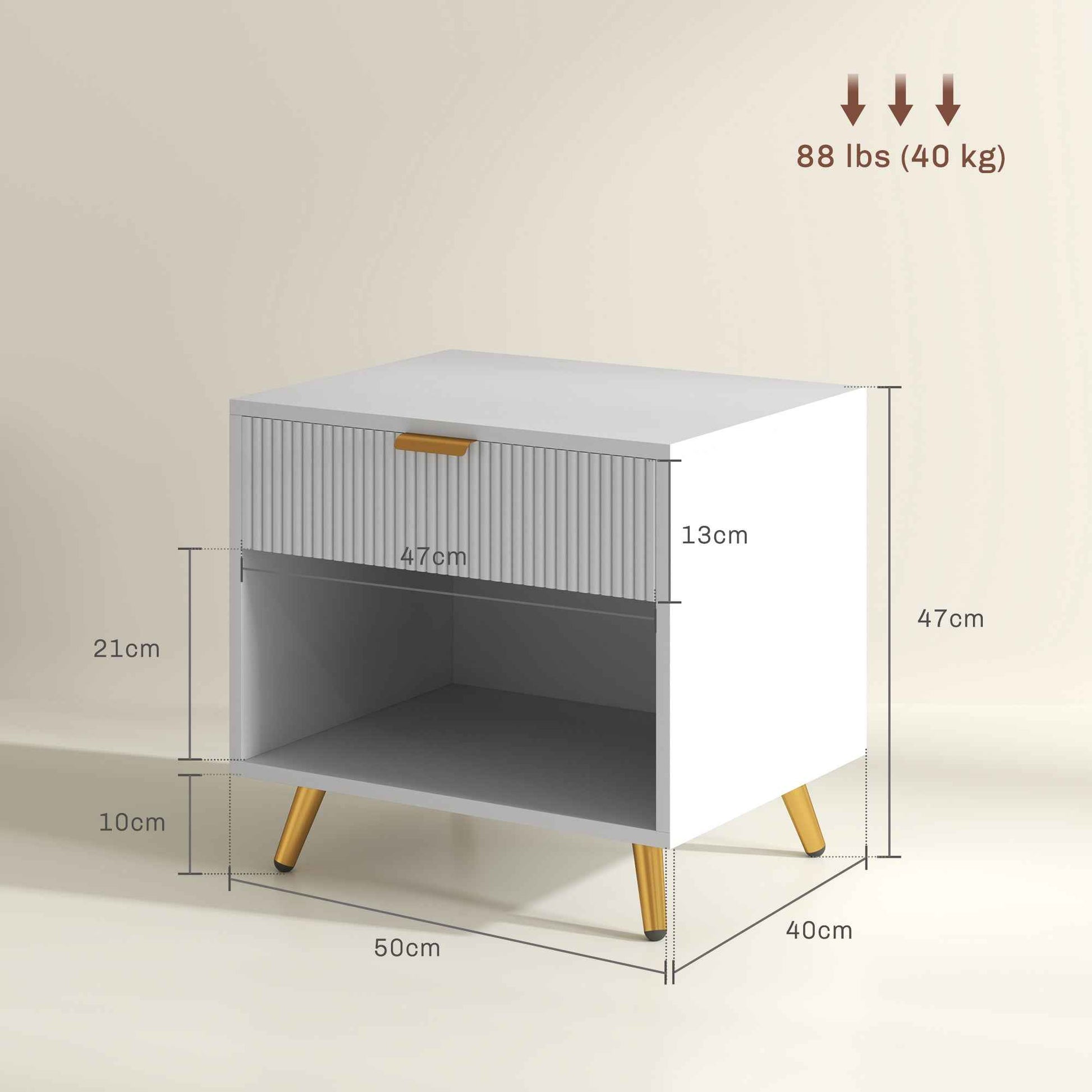 Elegant Bedside Table, With Drawer And Shelf - White/Gold Tone
