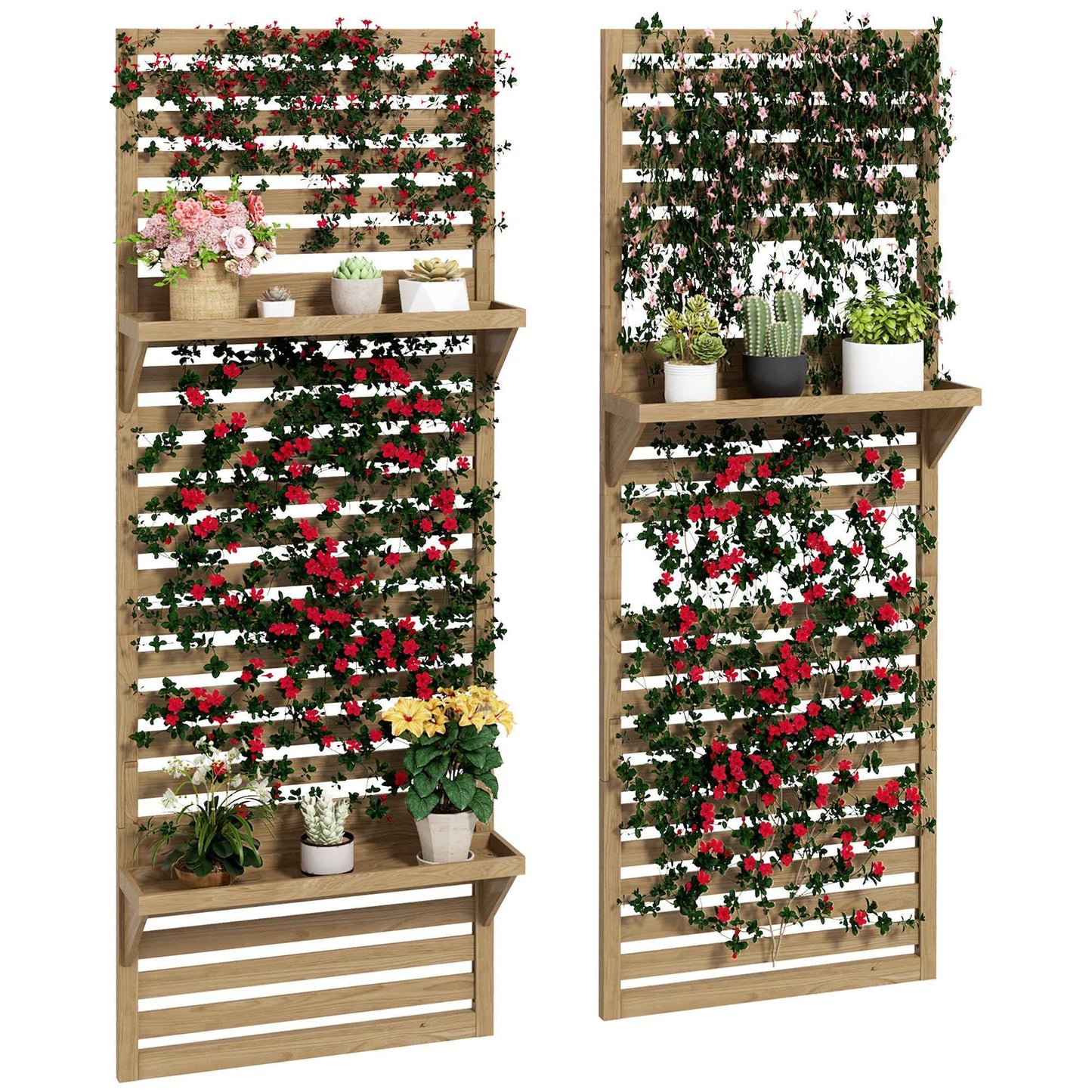 Wall Mounted Plant Stands Set Of 2, Fir Wood Flower Stand With Shelves And Slatted Trellis For Patio, Balcony, Porch