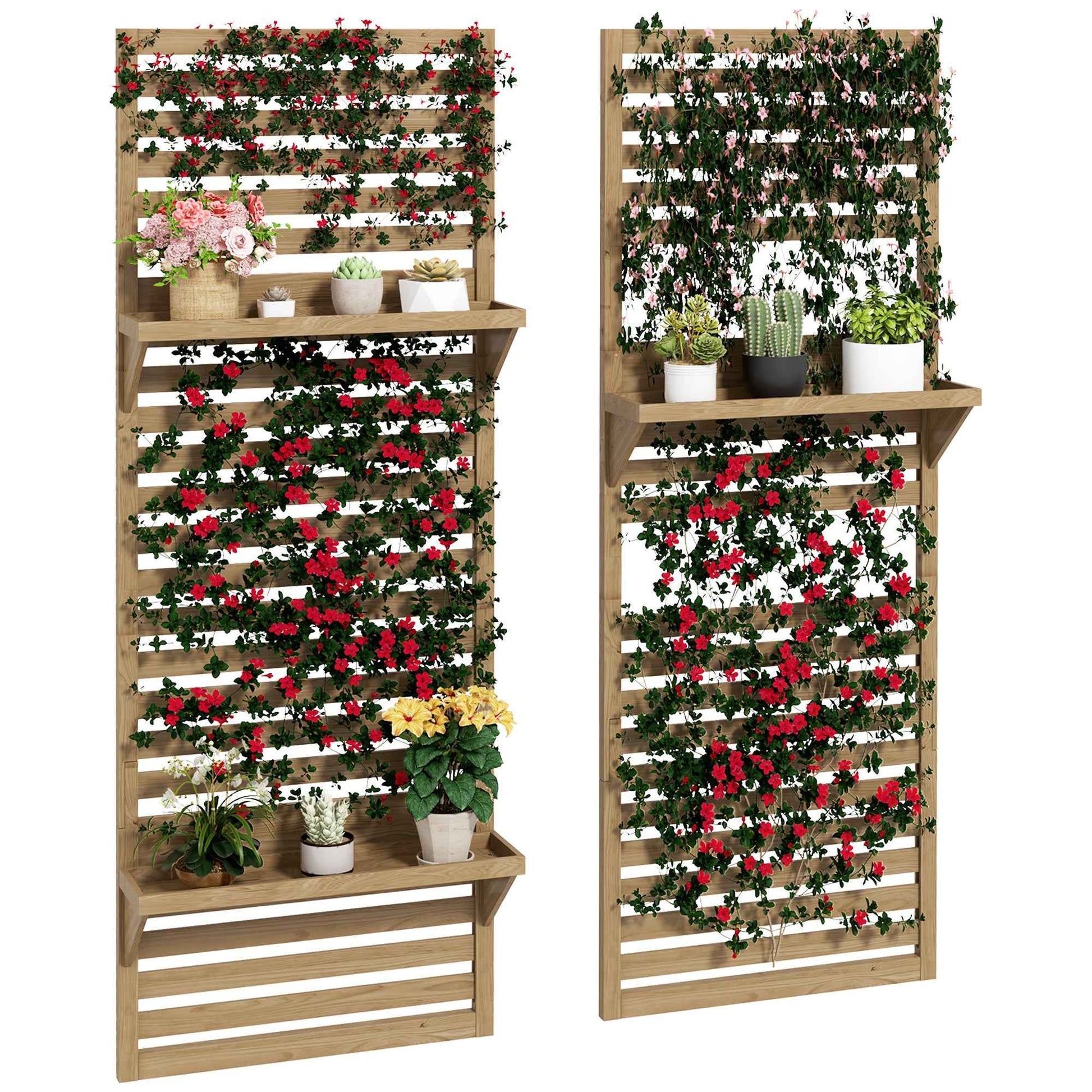 Wall Mounted Plant Stands Set Of 2, Fir Wood Flower Stand With Shelves And Slatted Trellis For Patio, Balcony, Porch
