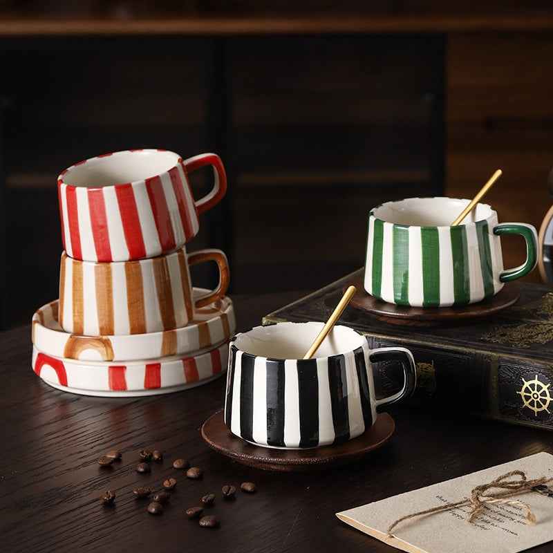 Simple Hand-Drawn Stripe Ceramic Mug, Creative Multi-Color Gift Cup, Coffee Cup with Saucer