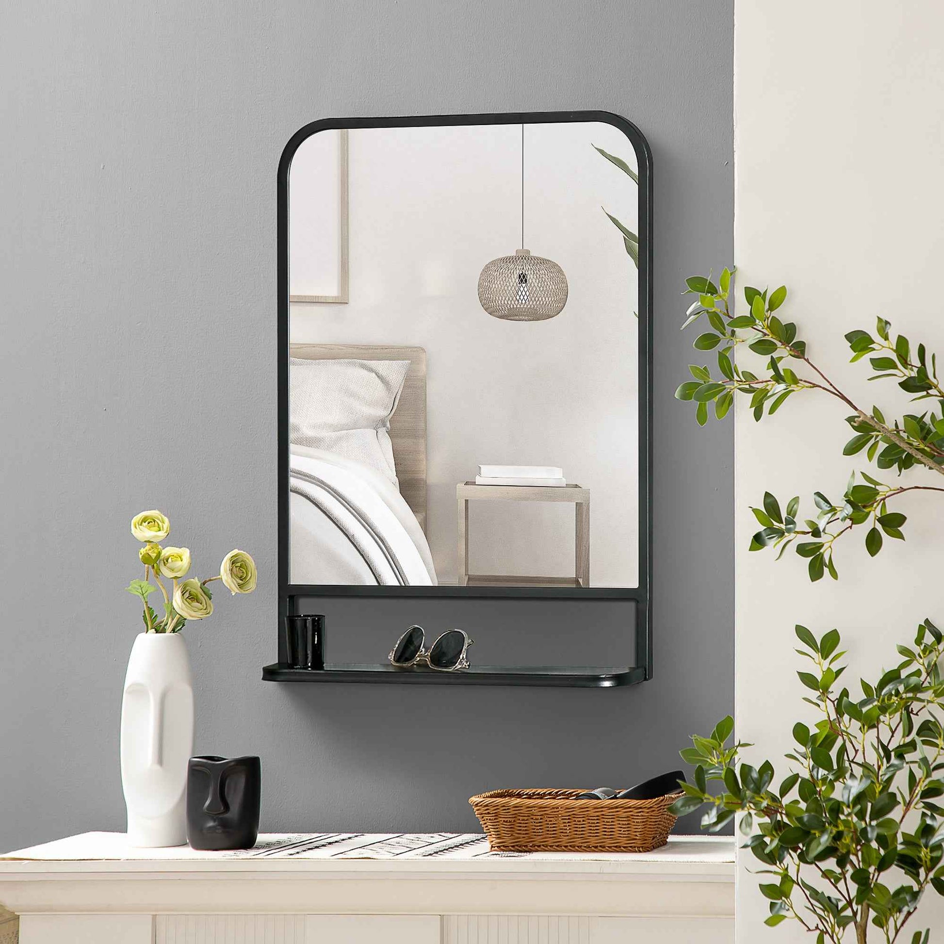 Modern Square Wall Mirror With Storage Shelf, 70 X 50 Cm Mirrors For Living Room, Bedroom, Black