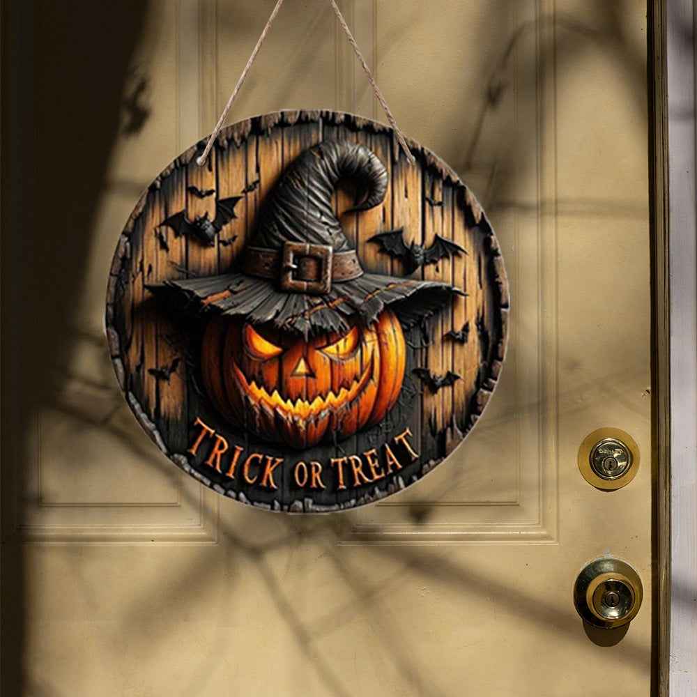 Halloween Wooden Round Pumpkin Sign Plaque Door Hanging Decor for Halloween Party Wooden Front Door Sign