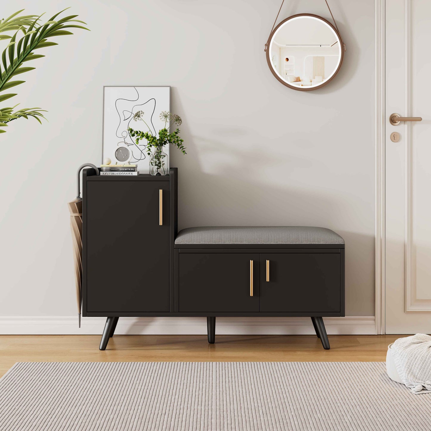 Modern Shoe Bench   Storage Cabinet, Adjustable Storage Space For Boots Or Heels, Asymmetrical Metal Handles, Black, 100 X 34 X 69 Cm