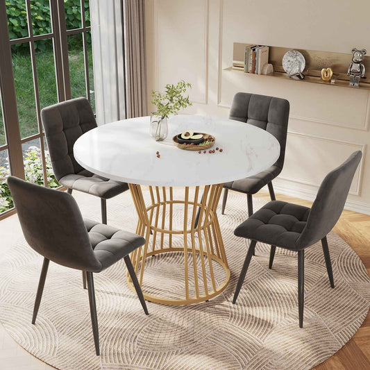 Stylish 5-Piece Round Dining Table Set with Golden Legs and Gray Linen Chairs