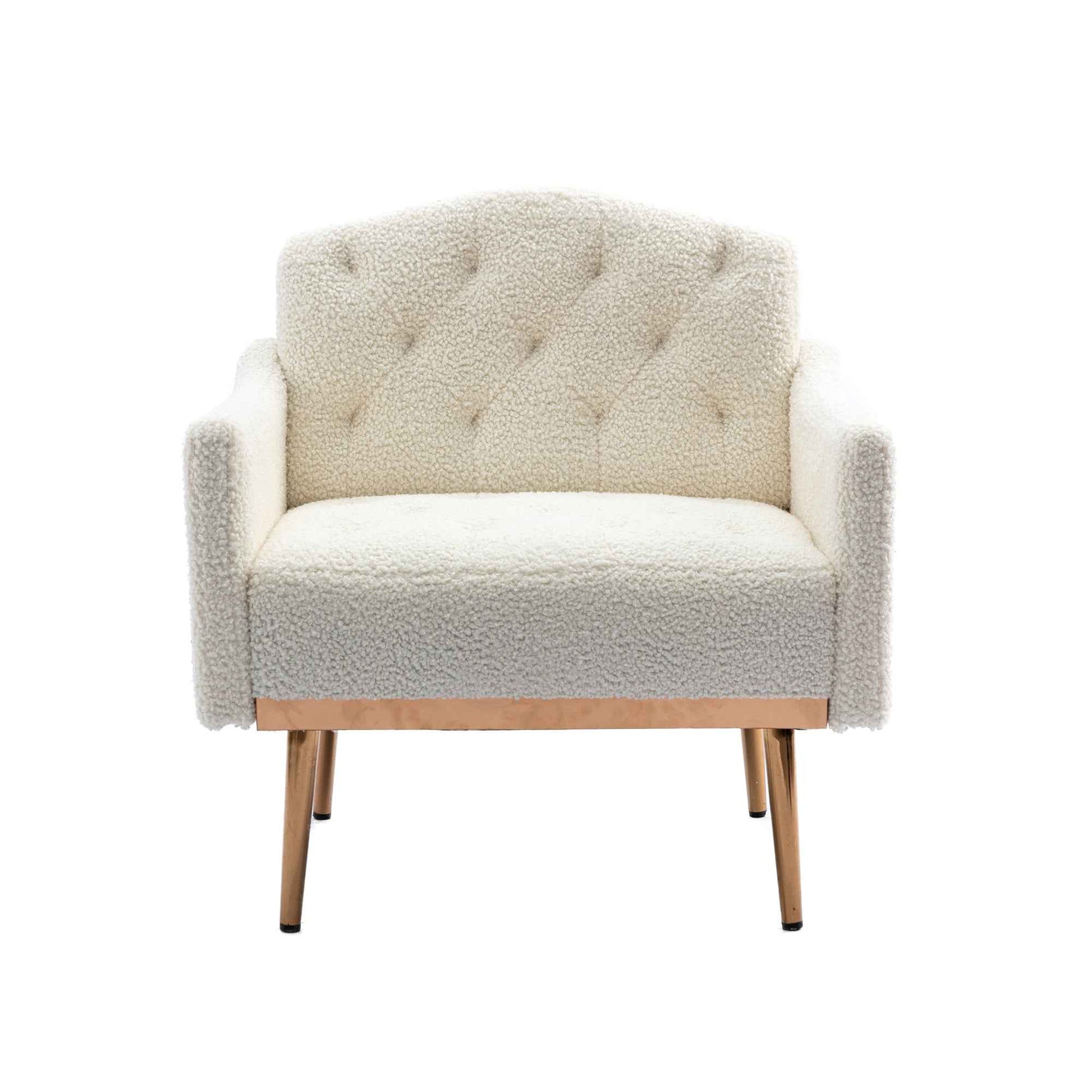 Coolmore Modern White Teddy Fabric Armchair With Gold Legs