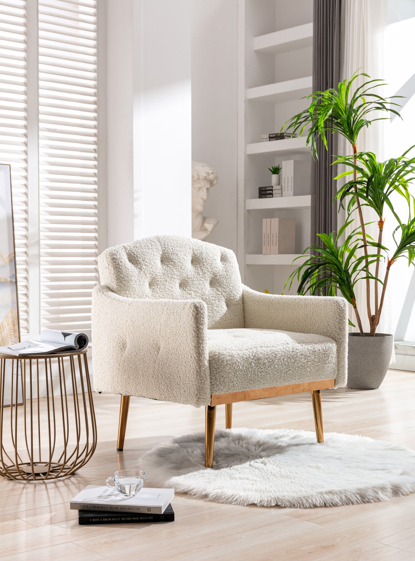 Coolmore Modern White Teddy Fabric Armchair With Gold Legs
