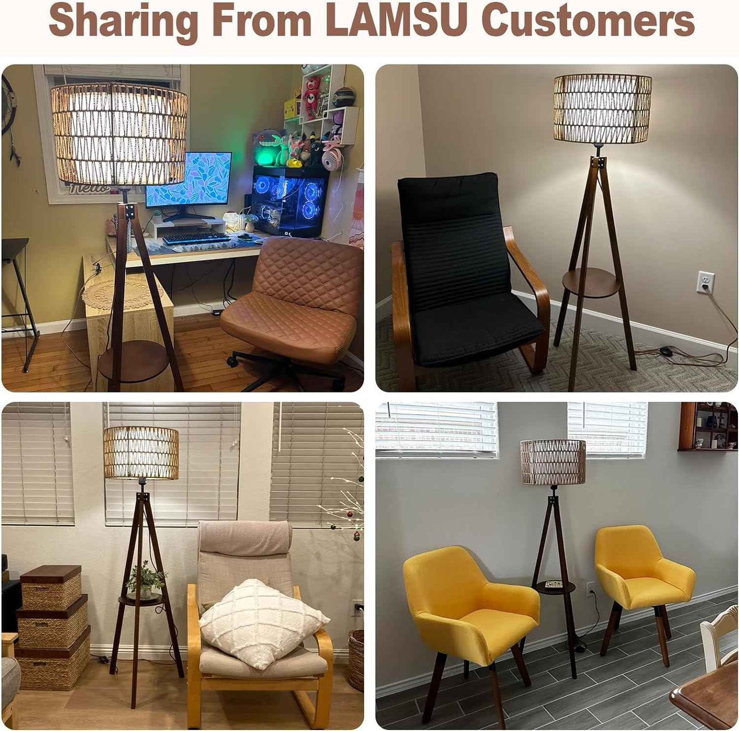Boho Tripod Floor Lamp with Shelves, Mid Century Wood Standing Lamp with Rattan & Fabric Shades, ON/Off Foot Switch Office