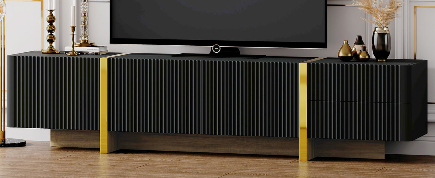 Modern Black Fluted TV Stand For 80 Inch Tv With Storage