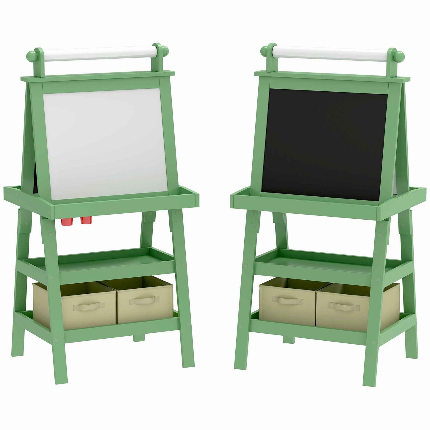3 In 1 Kids Easel Double-Sided Magnetic Whiteboard And Chalkboard With Paper Roll, Storage Baskets - Green