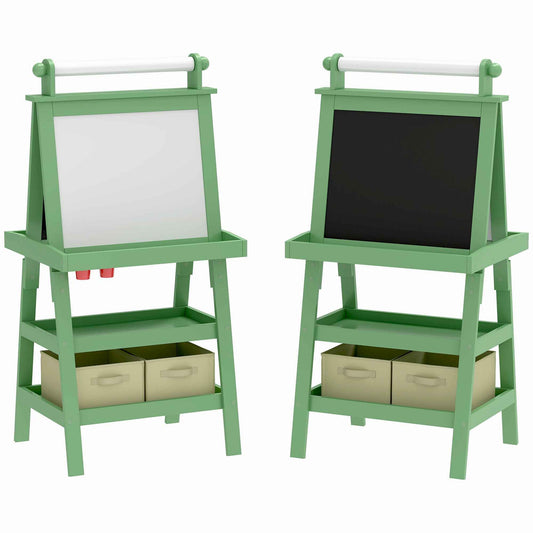 3 In 1 Kids Easel Double-Sided Magnetic Whiteboard And Chalkboard With Paper Roll, Storage Baskets - Green