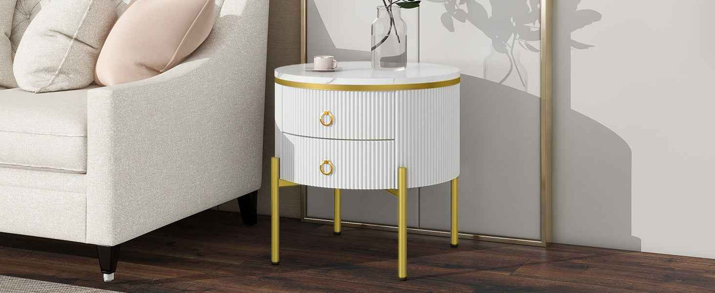 Side Table, Coffee Table With Drawers, Marble Texture, Gold Legs And Handles, Adjustable