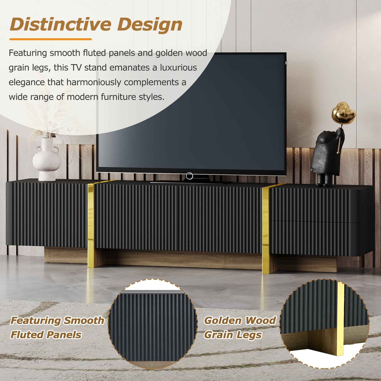 Modern Black Fluted TV Stand For 80 Inch Tv With Storage
