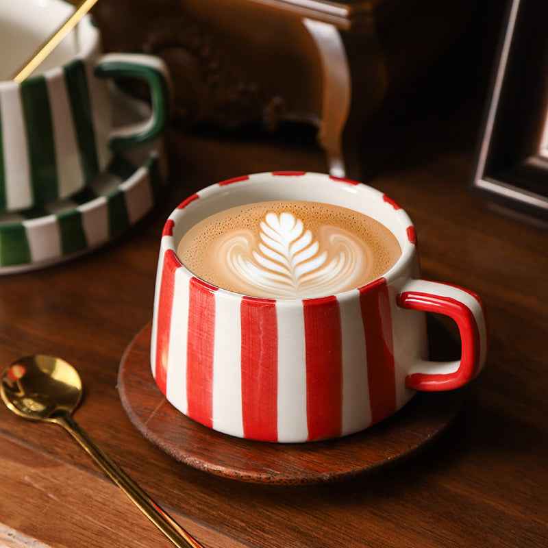 Simple Hand-Drawn Stripe Ceramic Mug, Creative Multi-Color Gift Cup, Coffee Cup with Saucer