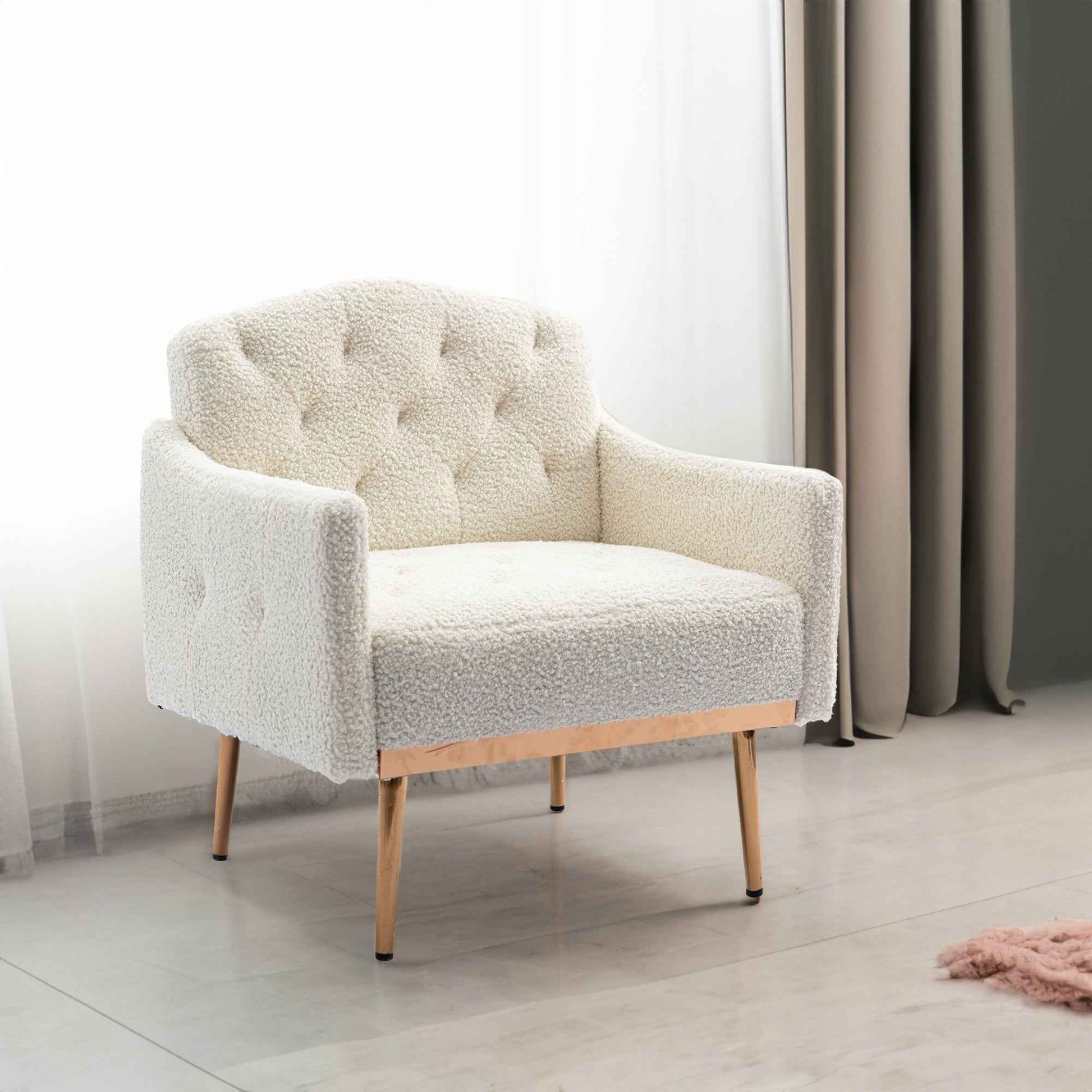 Coolmore Modern White Teddy Fabric Armchair With Gold Legs