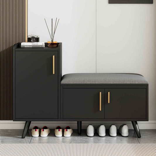 Modern Shoe Bench   Storage Cabinet, Adjustable Storage Space For Boots Or Heels, Asymmetrical Metal Handles, Black, 100 X 34 X 69 Cm