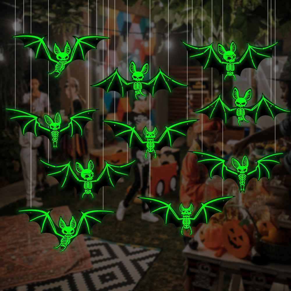 10pcs Halloween Decorations 3D Hanging Bat Fluorescent Glow-in-the-Dark Wall Stickers for Haunted House Party Decoration