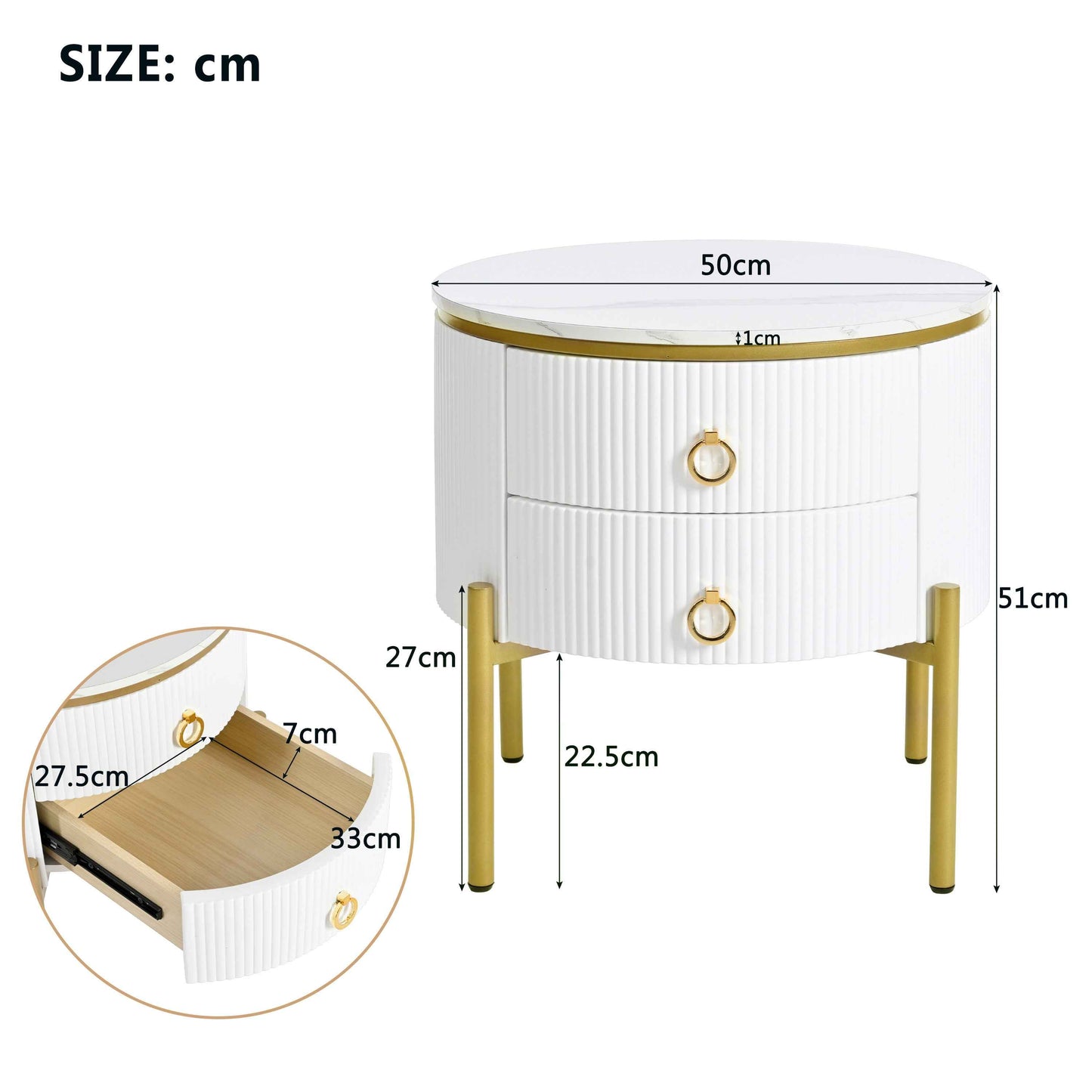 Side Table, Coffee Table With Drawers, Marble Texture, Gold Legs And Handles, Adjustable