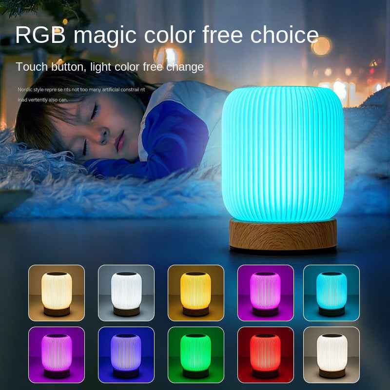 Wood Grain Remote Touch Night Light Tap Table Lamp Bedroom Bedside Lamp RGB Color Light