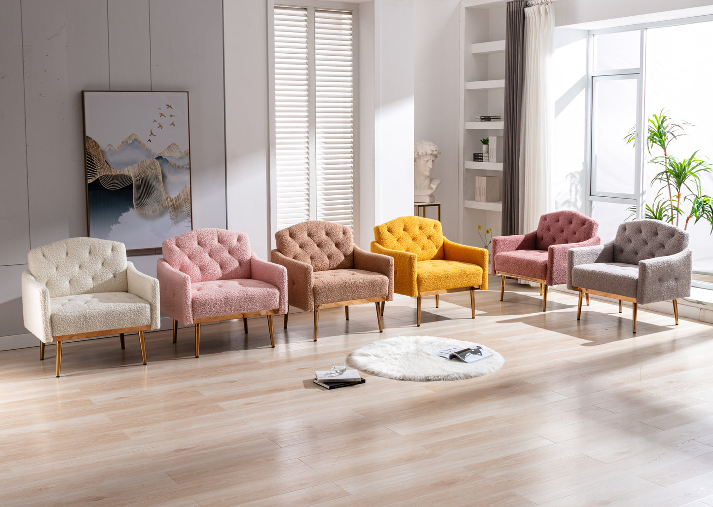 Coolmore Modern White Teddy Fabric Armchair With Gold Legs