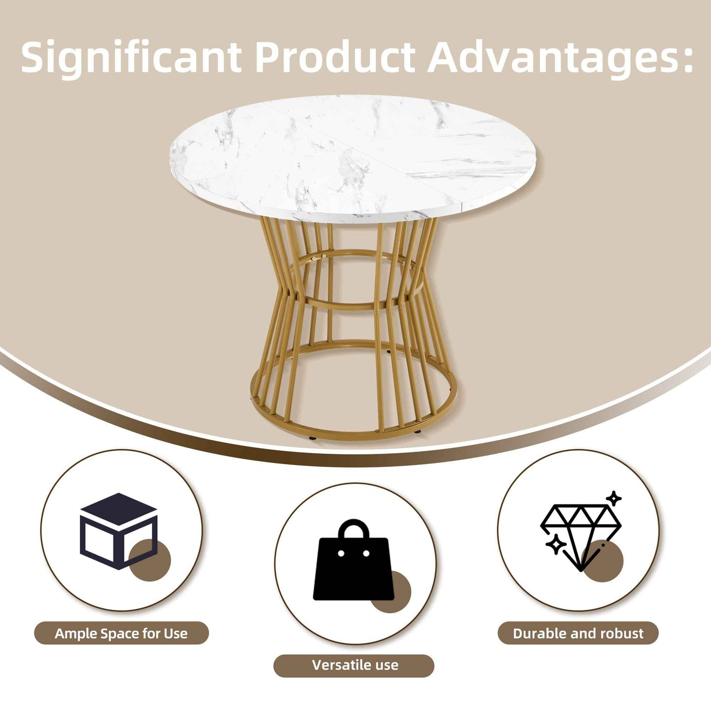 Stylish 5-Piece Round Dining Table Set with Golden Legs and Gray Linen Chairs