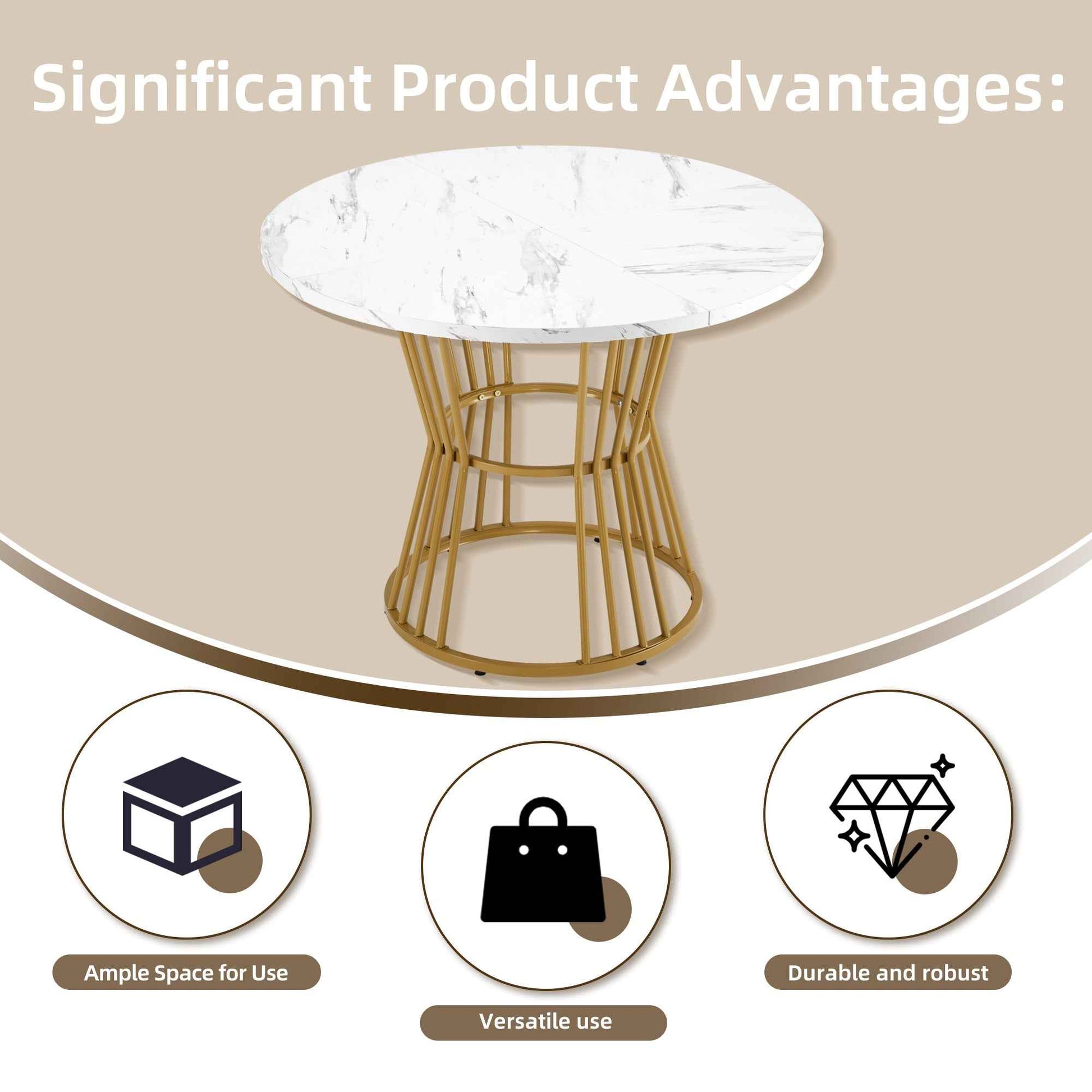Stylish 5-Piece Round Dining Table Set with Golden Legs and Gray Linen Chairs