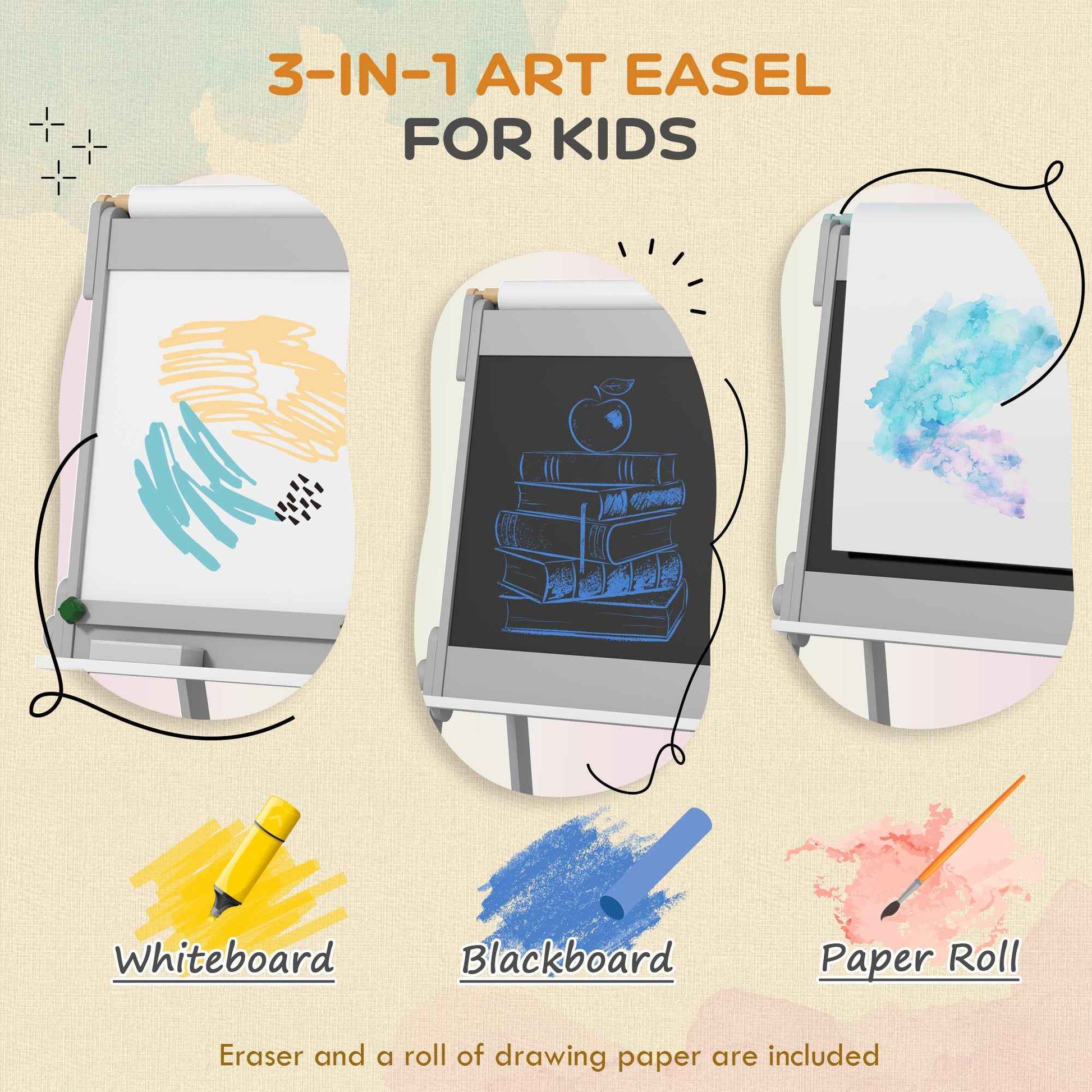 Art Easel For Kids With Paper Roll, Double-Sided Painting Easel With Chalkboard, Whiteboard