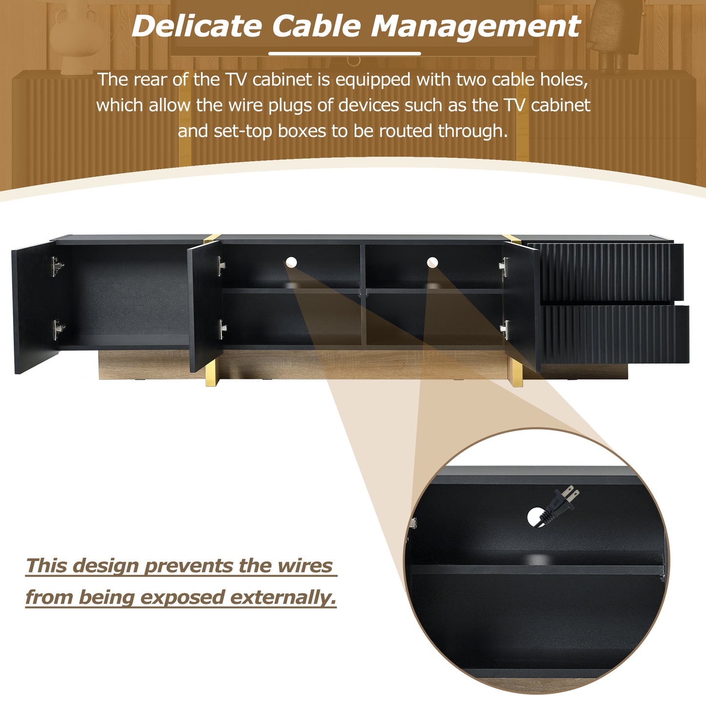 Modern Black Fluted TV Stand For 80 Inch Tv With Storage