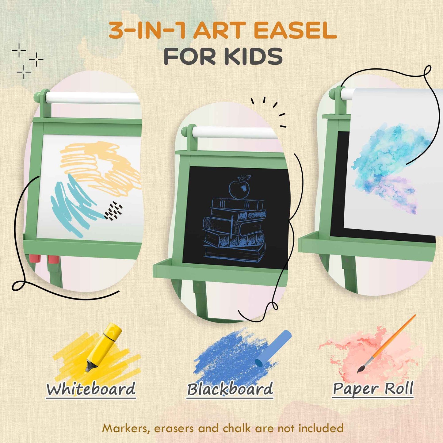 3 In 1 Kids Easel Double-Sided Magnetic Whiteboard And Chalkboard With Paper Roll, Storage Baskets - Green