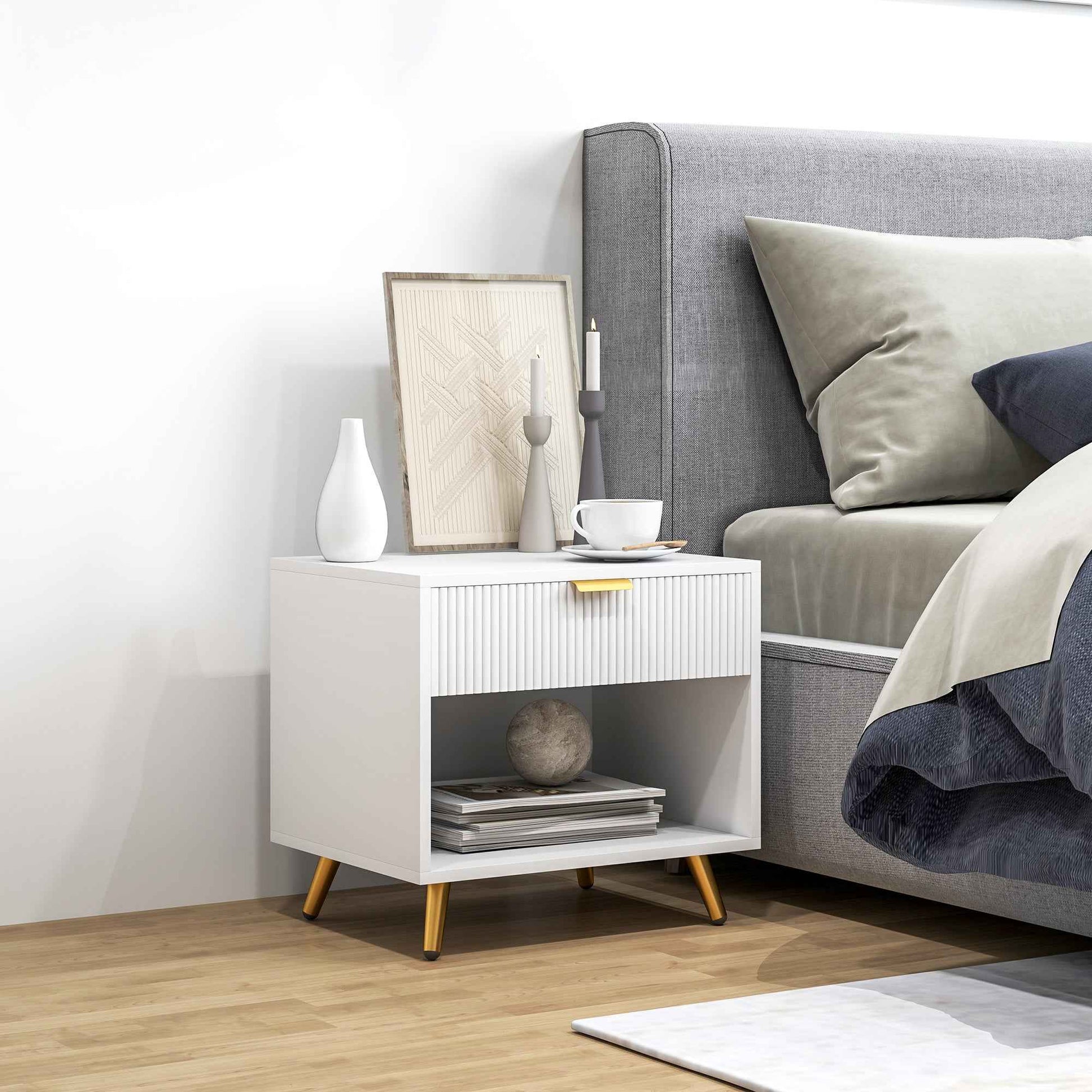 Elegant Bedside Table, With Drawer And Shelf - White/Gold Tone