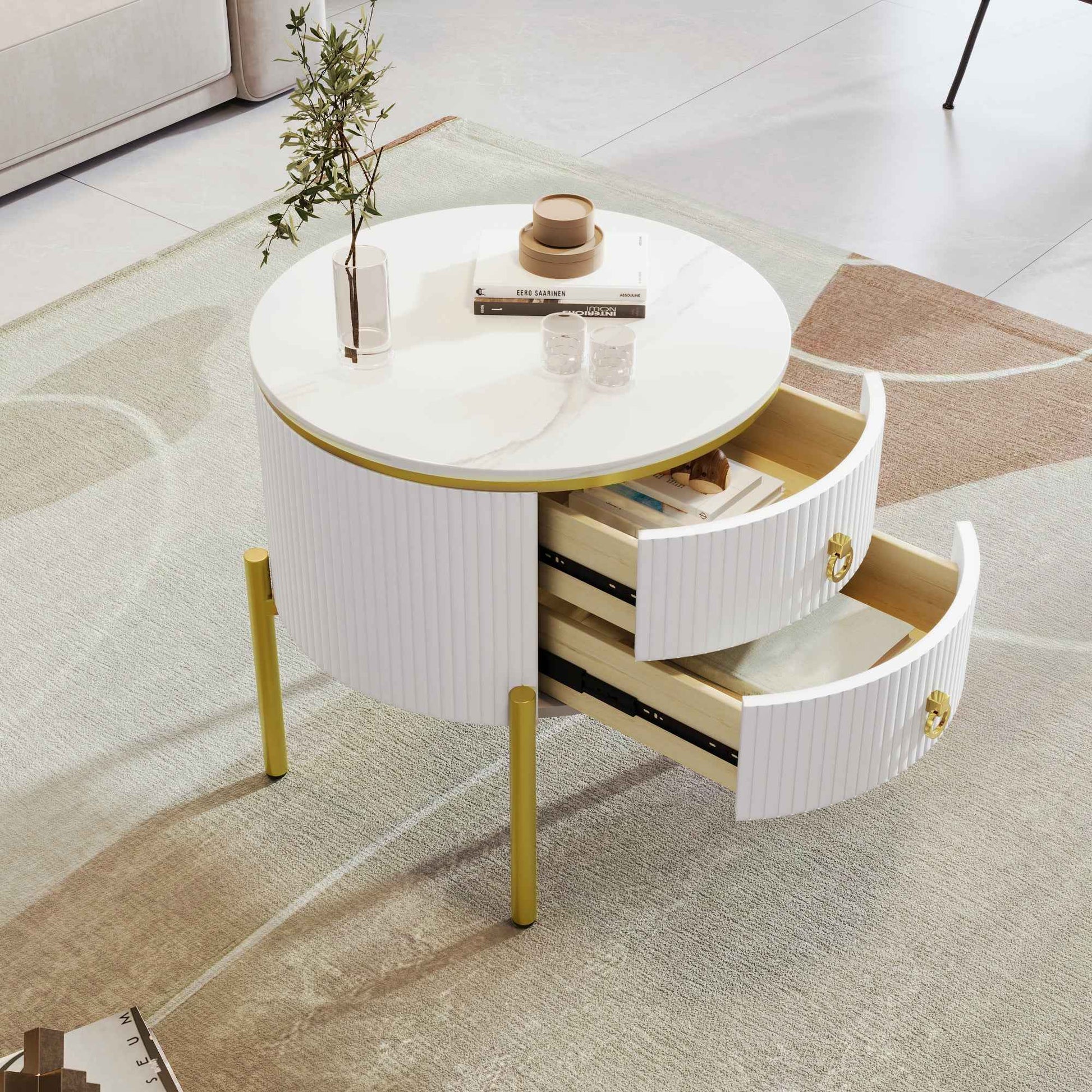 Side Table, Coffee Table With Drawers, Marble Texture, Gold Legs And Handles, Adjustable