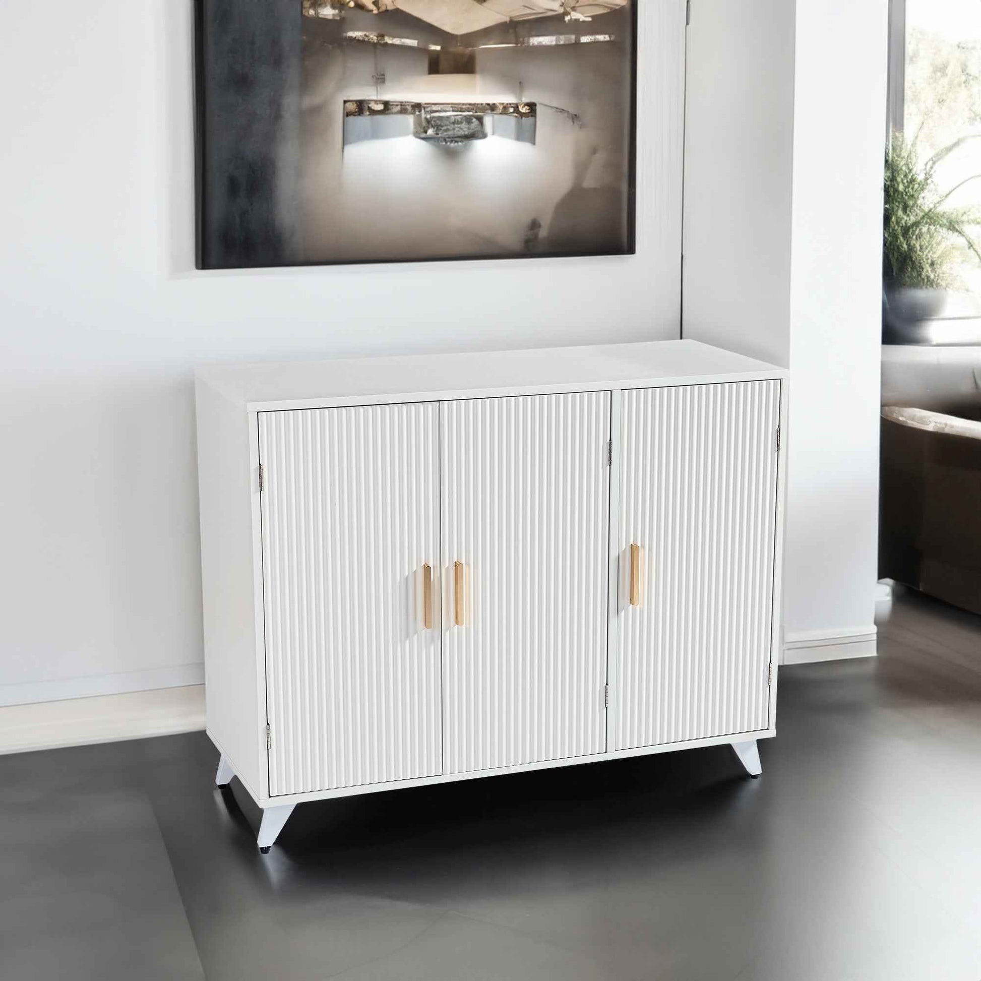 White Sideboard Buffet Cabinet With Wavy Texture Door